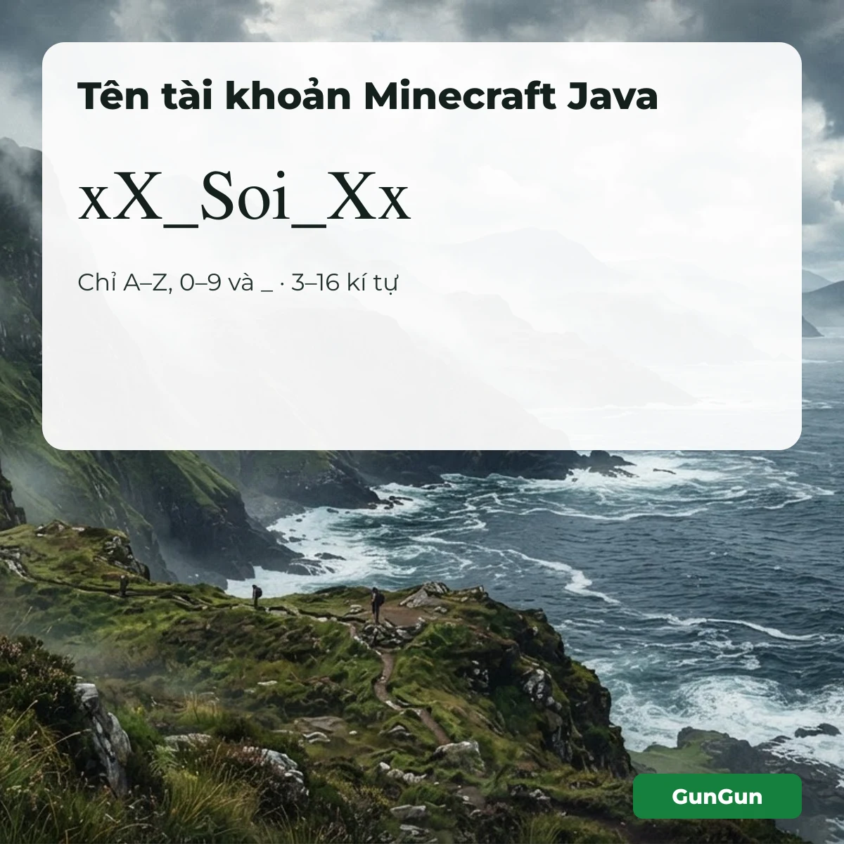 Tên tài khoản Minecraft Java hợp lệ xX_Soi_Xx: chỉ chữ, số, gạch dưới, 3–16 kí tự
